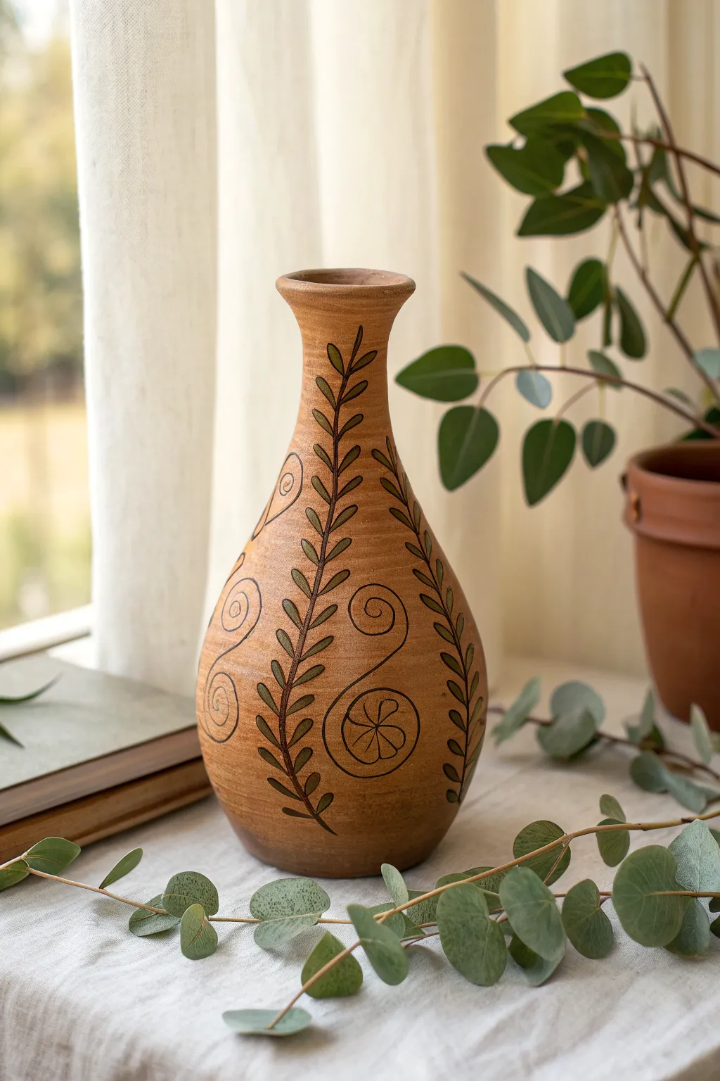 Leafy vines spiral up a mud vase for an easy, botanical look with bold minimalist contrast.