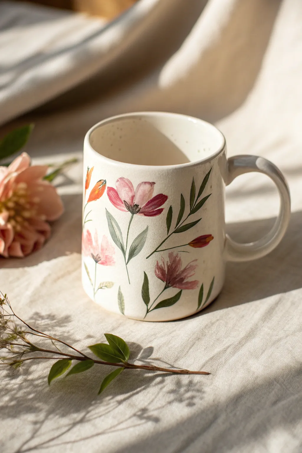 Loose watercolor petals on a white ceramic mug, airy florals with soft green washes