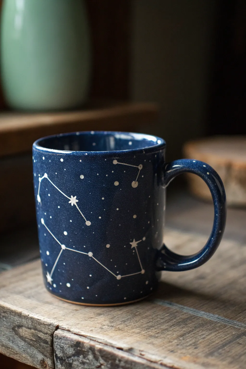 Deep navy mug with simple constellation dots and lines for an easy, bold night-sky look.