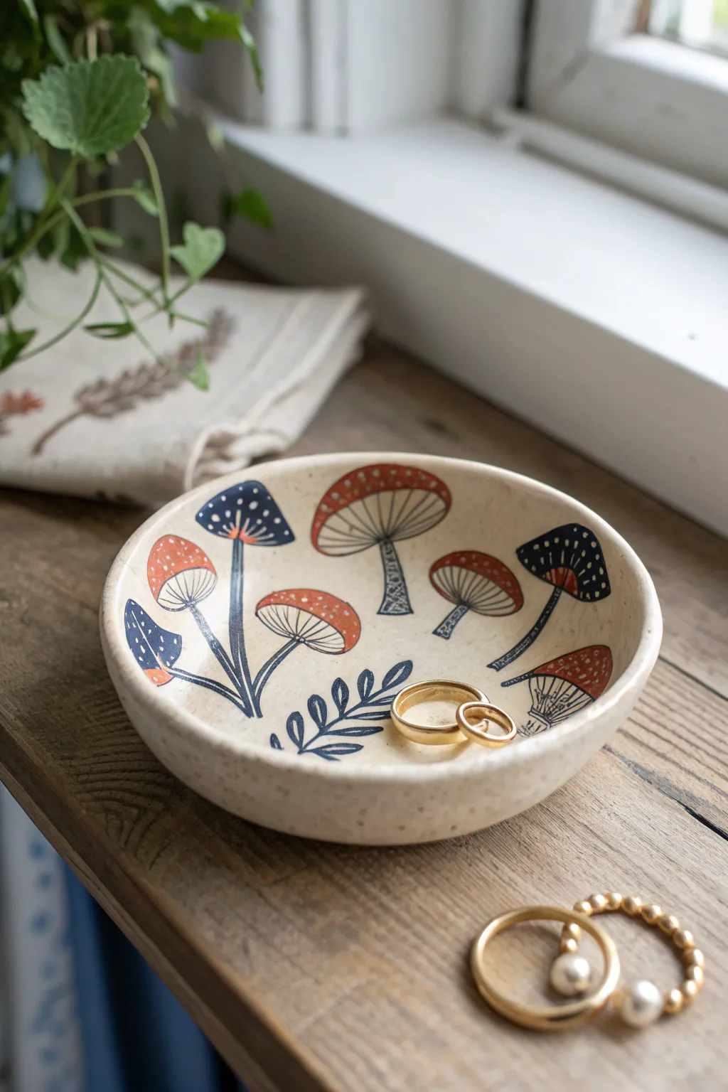 Mushroom spore print trinket dish in bold underglaze, perfect for rings and earrings.