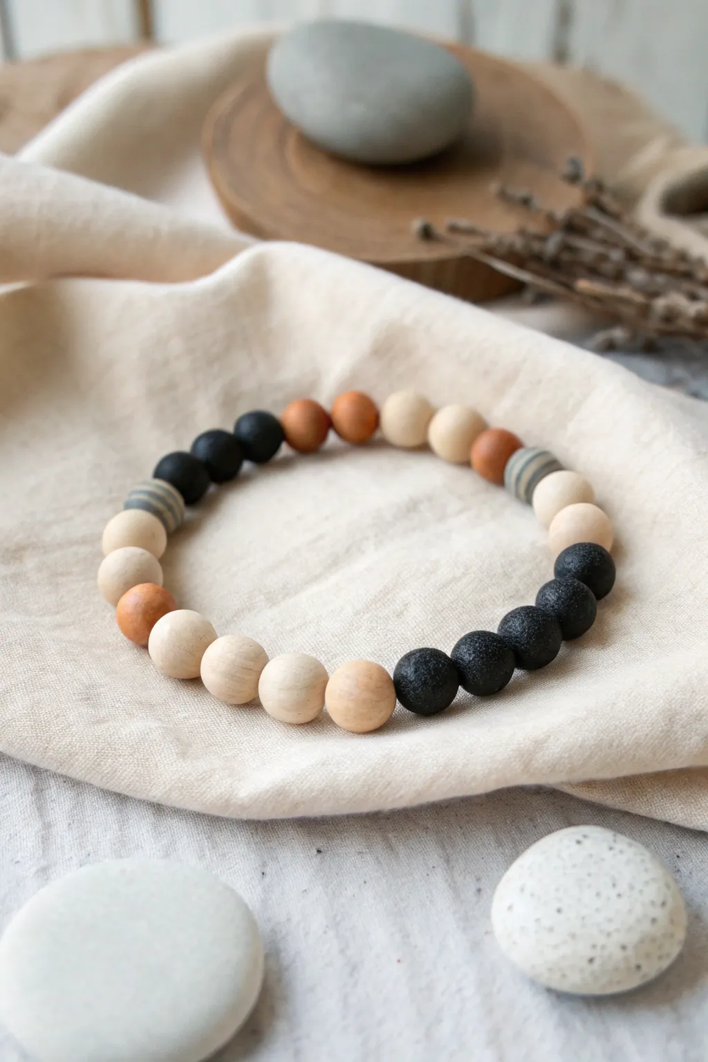 Neutral earth-tone clay bead bracelet with linen and stone, minimal boho contrast and warmth.