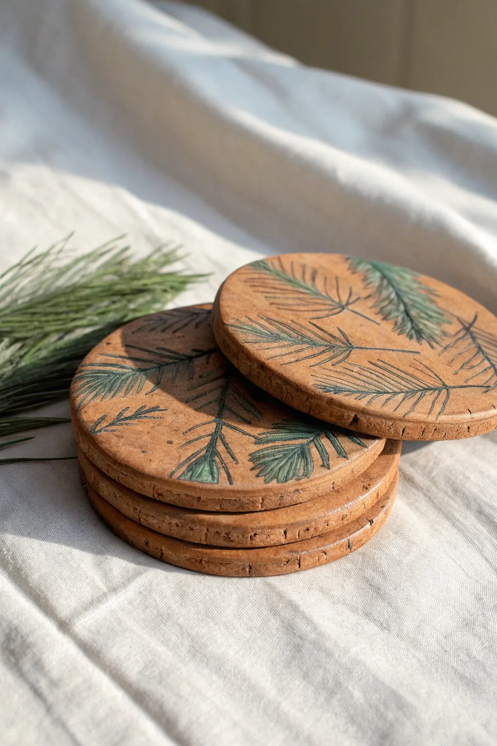 Hand-pressed bark and pine needle clay coasters with bold contrast for cozy minimalist tables