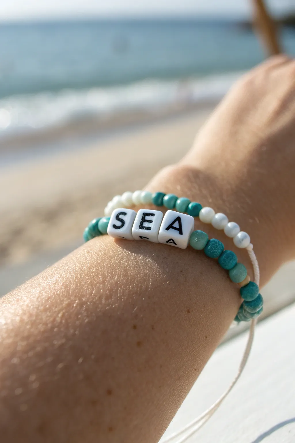 Turquoise and white clay beads plus letter beads make a simple beach-word bracelet for sunny days.