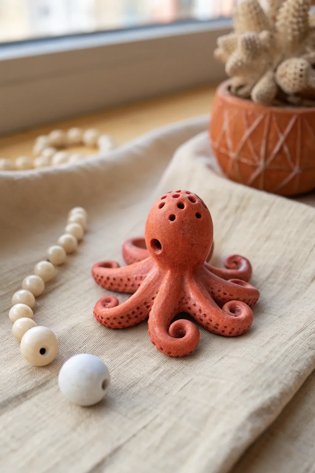 Make a bracelet standout with a chunky coral octopus bead and simple neutral accents.