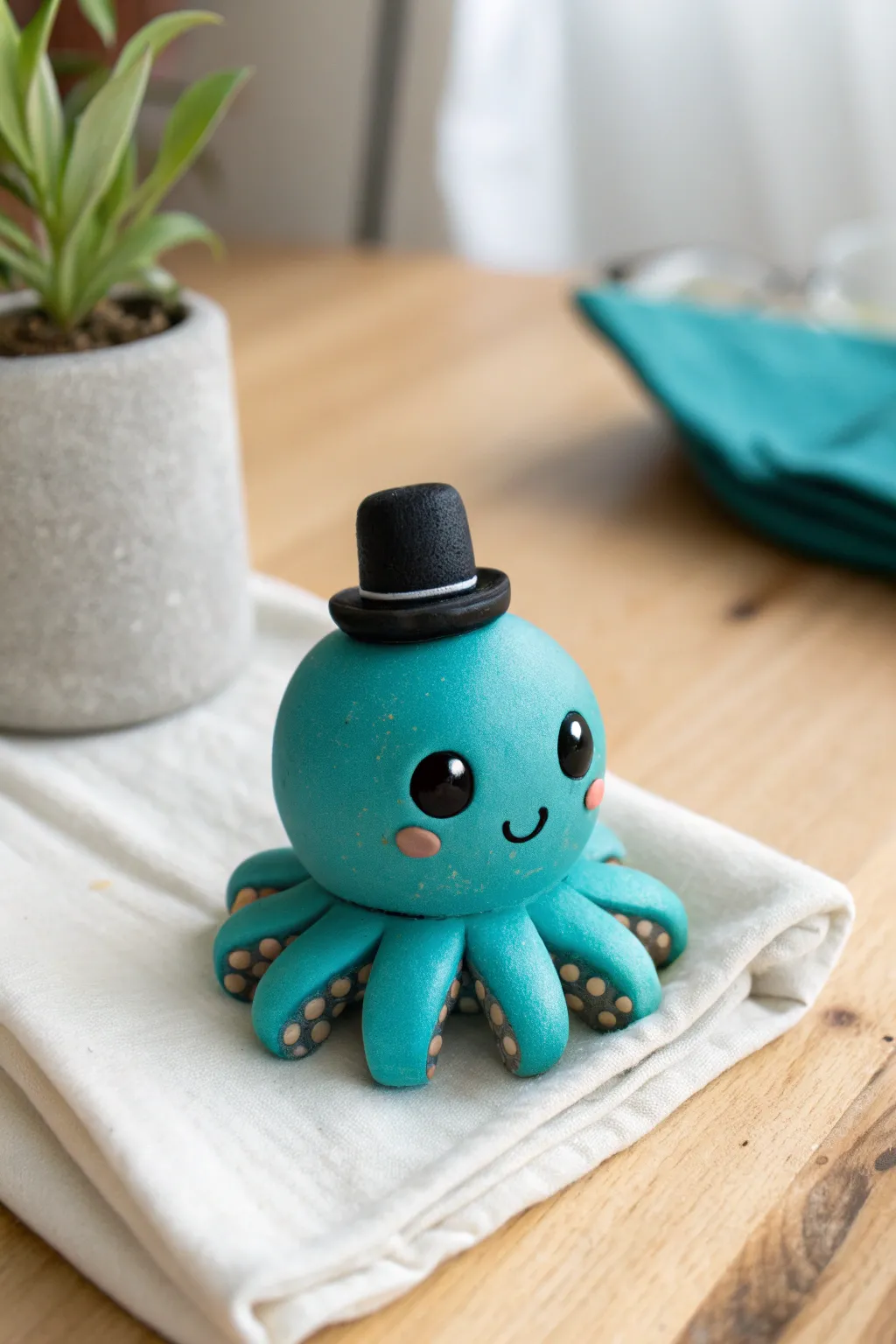 Cute top-hat octopus in bold teal clay, minimalist Nordic styling with a soft boho touch