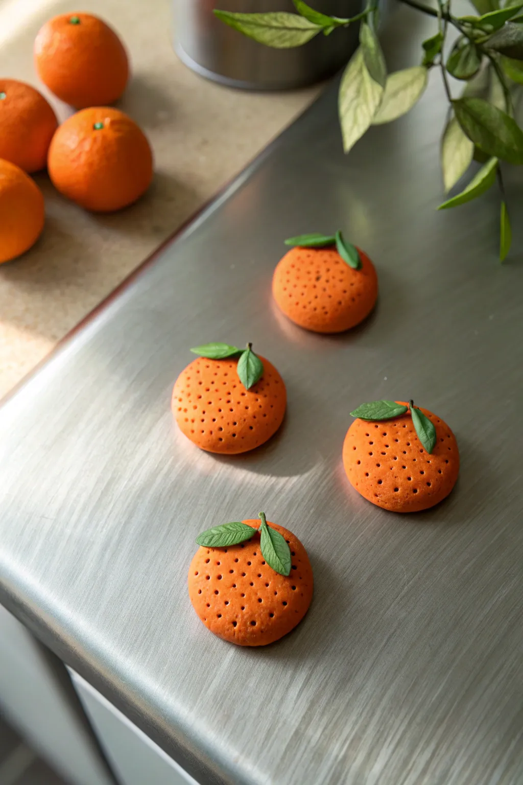 Mini set of orange clay magnets with tiny green leaves, popping against cool brushed metal.