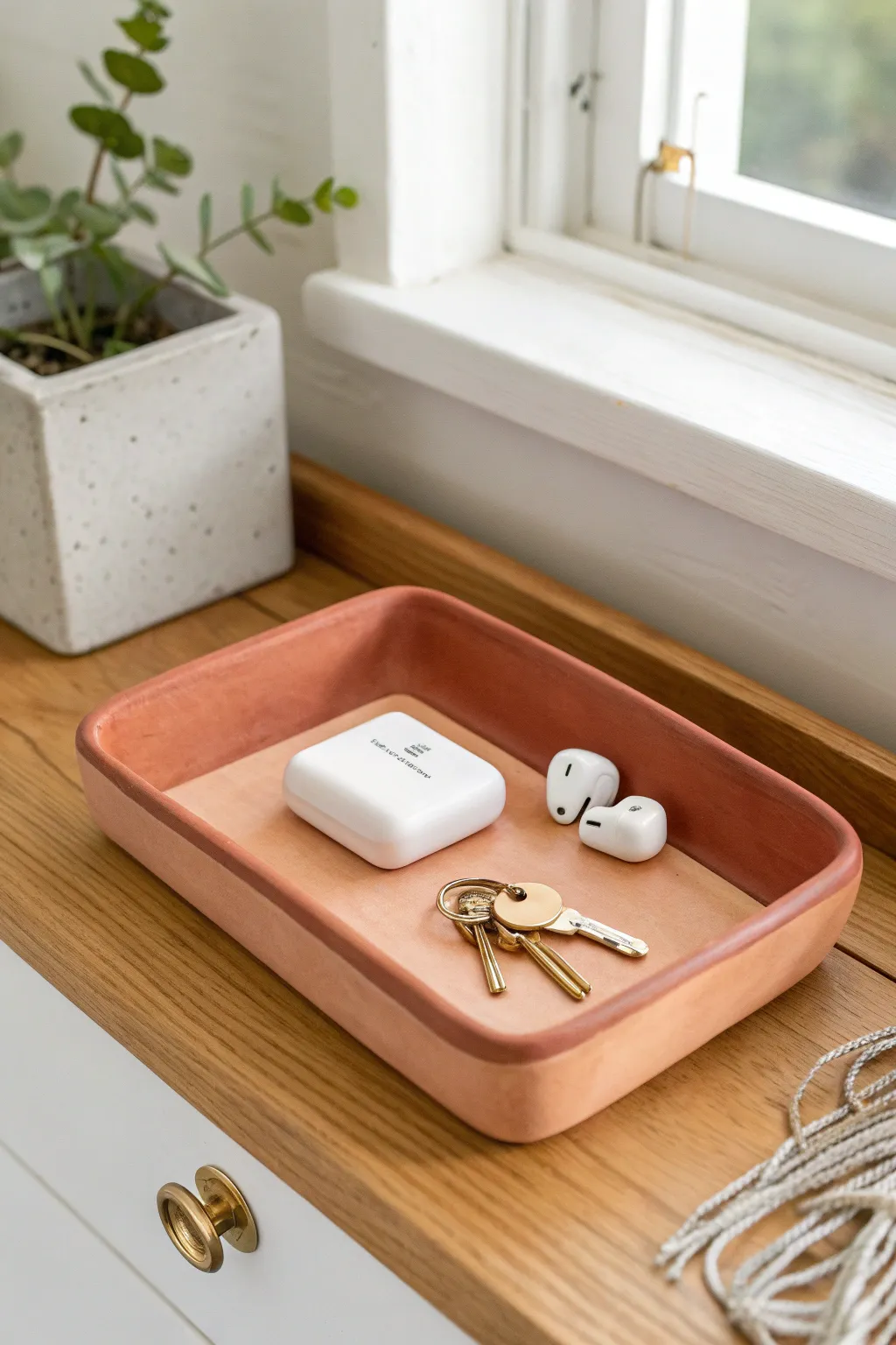 Minimal oven-bake clay catchall tray in bold two-tone, keeping keys and earbuds tidy at entry.