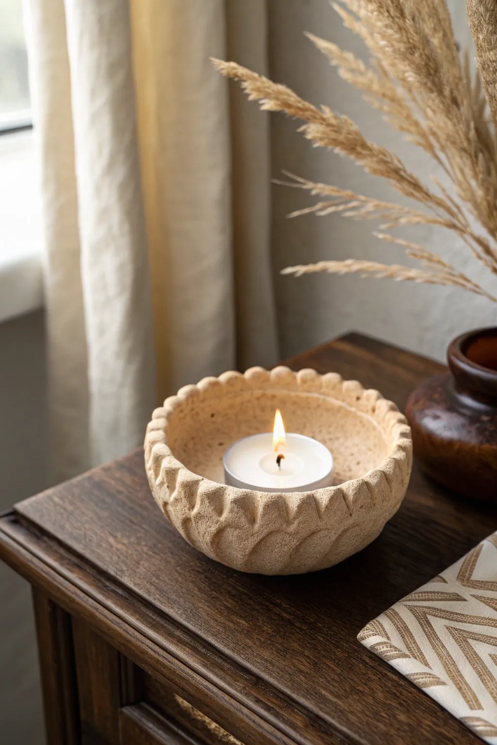 Beginner oven-bake clay tealight holder idea with cozy glow and minimalist Scandinavian boho style.