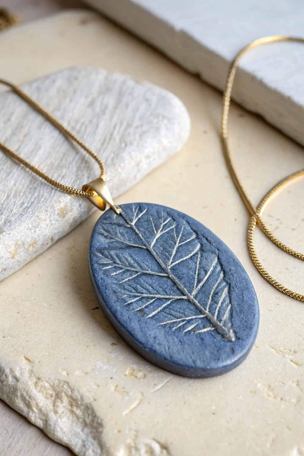 Minimalist polymer clay pendant with botanical imprint, soft light, easy DIY necklace inspiration.