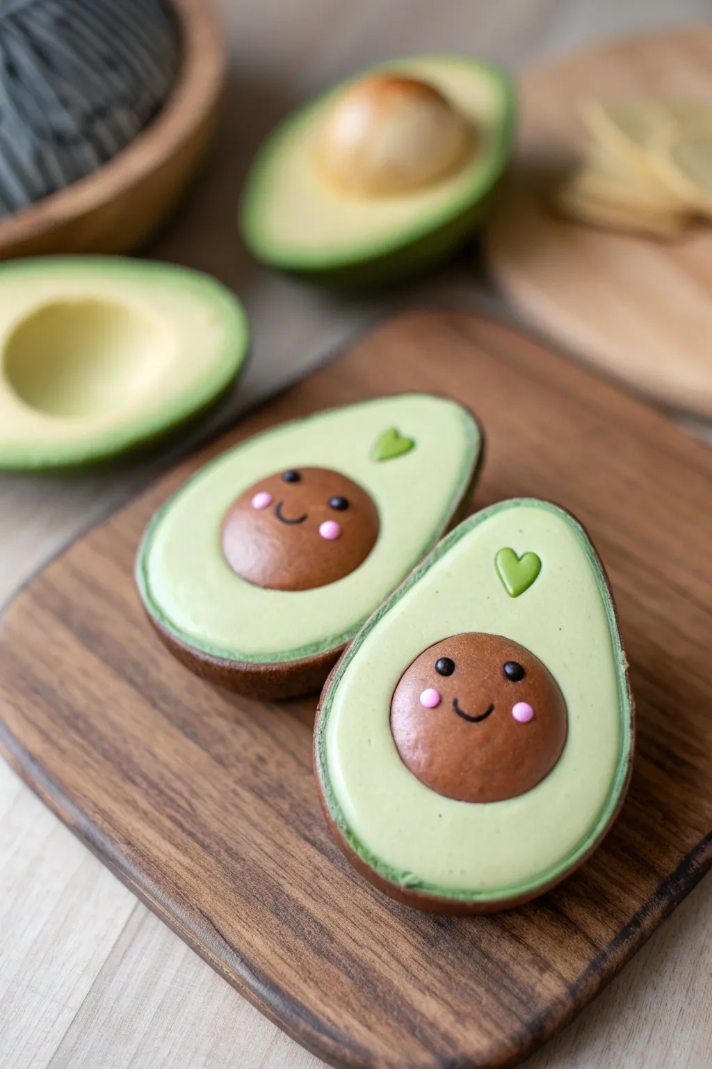 Adorable avocado half clay magnets with tiny faces, bold greens, and clean minimalist boho style