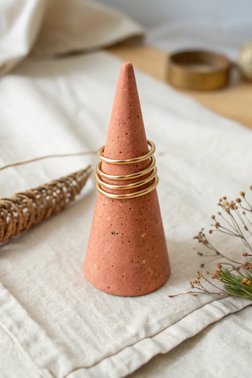 Minimalist polymer clay ring cone holder in bold color with stacked rings and clean boho styling