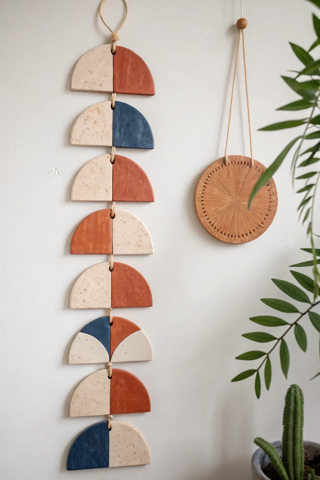 Oven-dry clay geometric tile wall hanging in soft boho tones—minimal, handmade, striking.