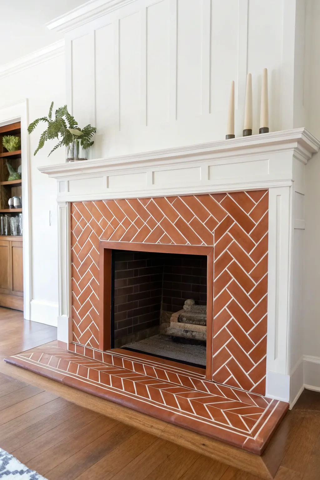 Transform fireplace tiles with bold geometric lines for a chic modern illusion in minutes.
