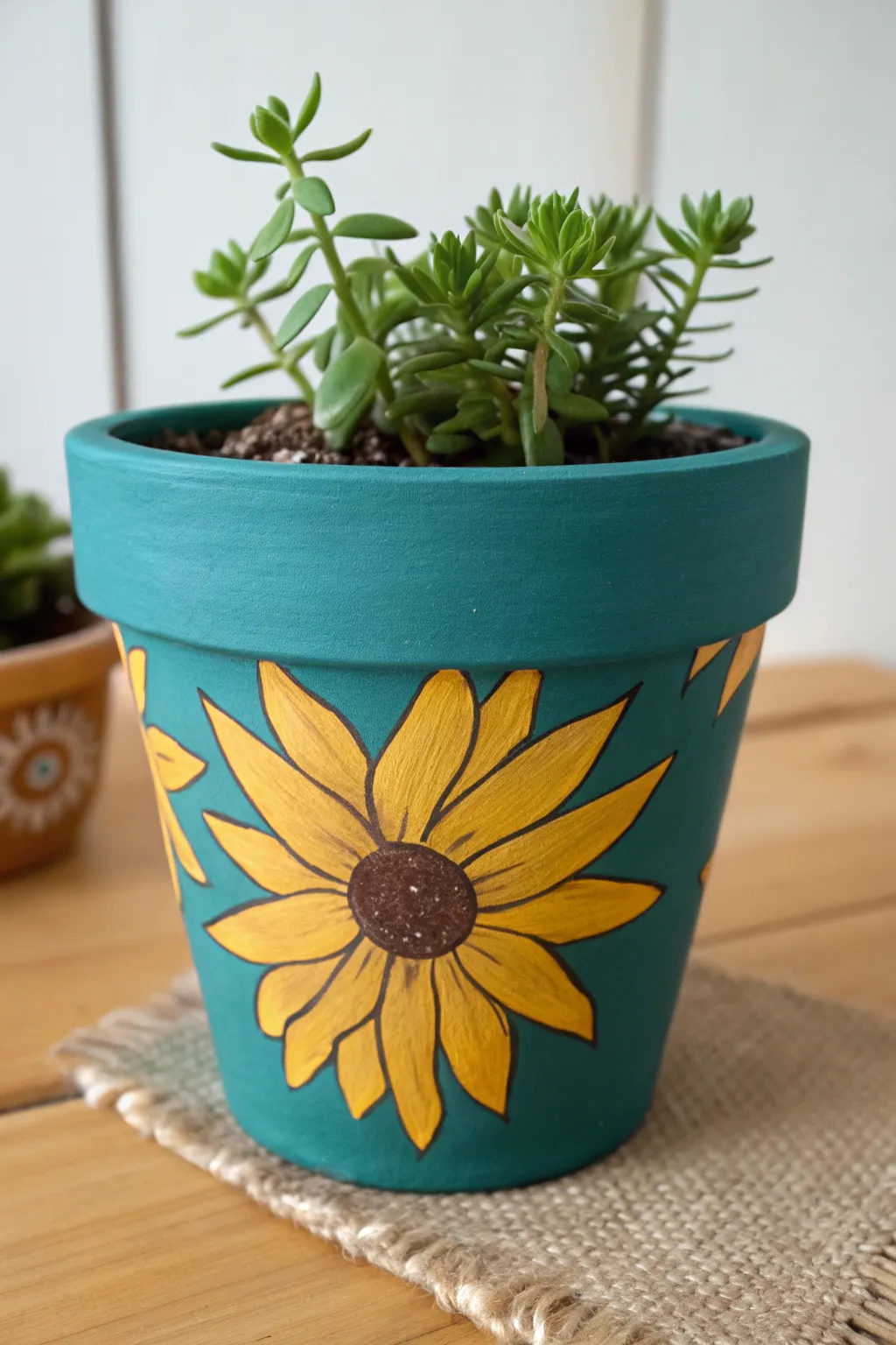 Bright sunflower painted pot with lush green plant, minimalist Scandinavian boho styling.