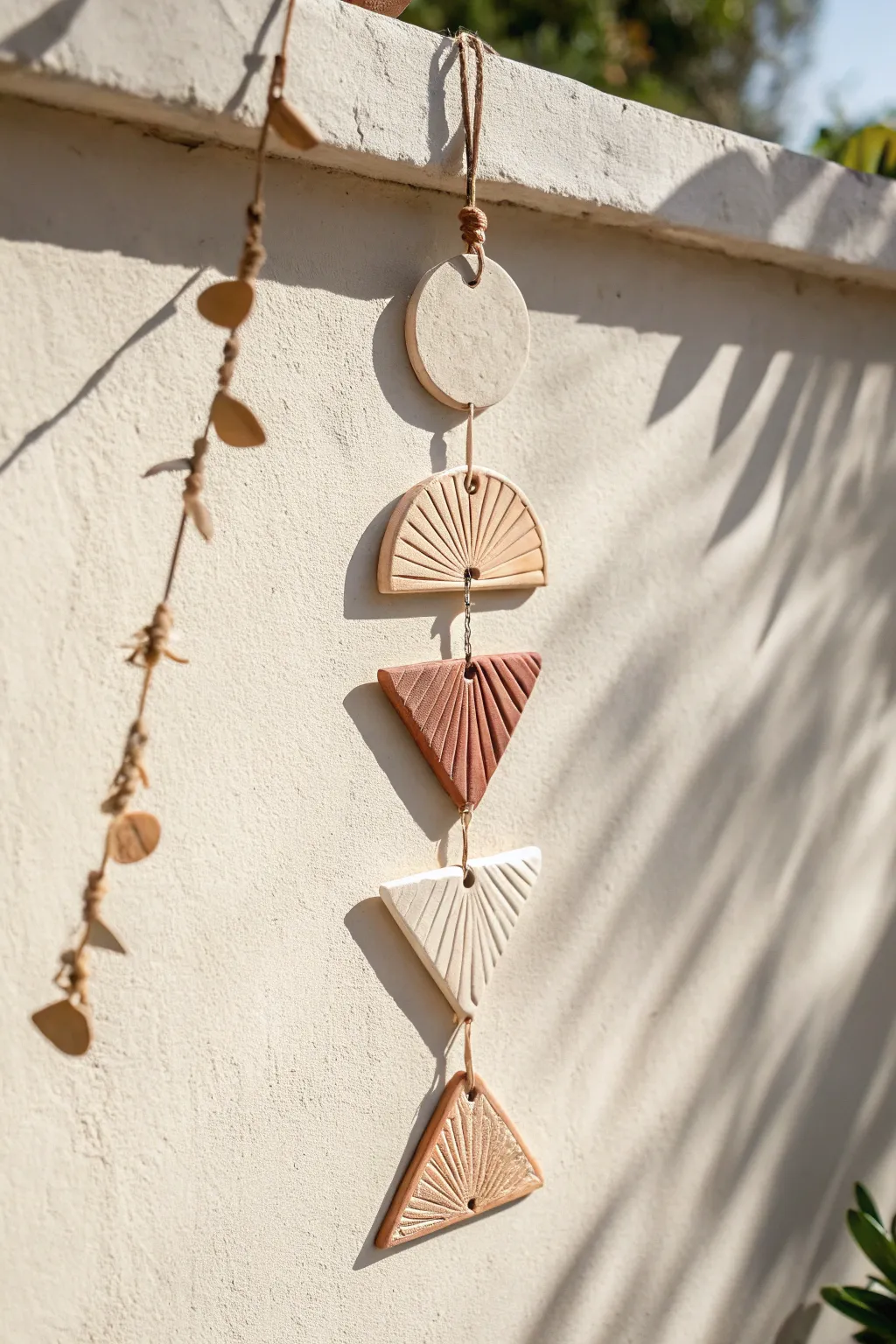 Boho paper clay wall hanging with simple geometric shapes, stamped texture, and warm neutrals.