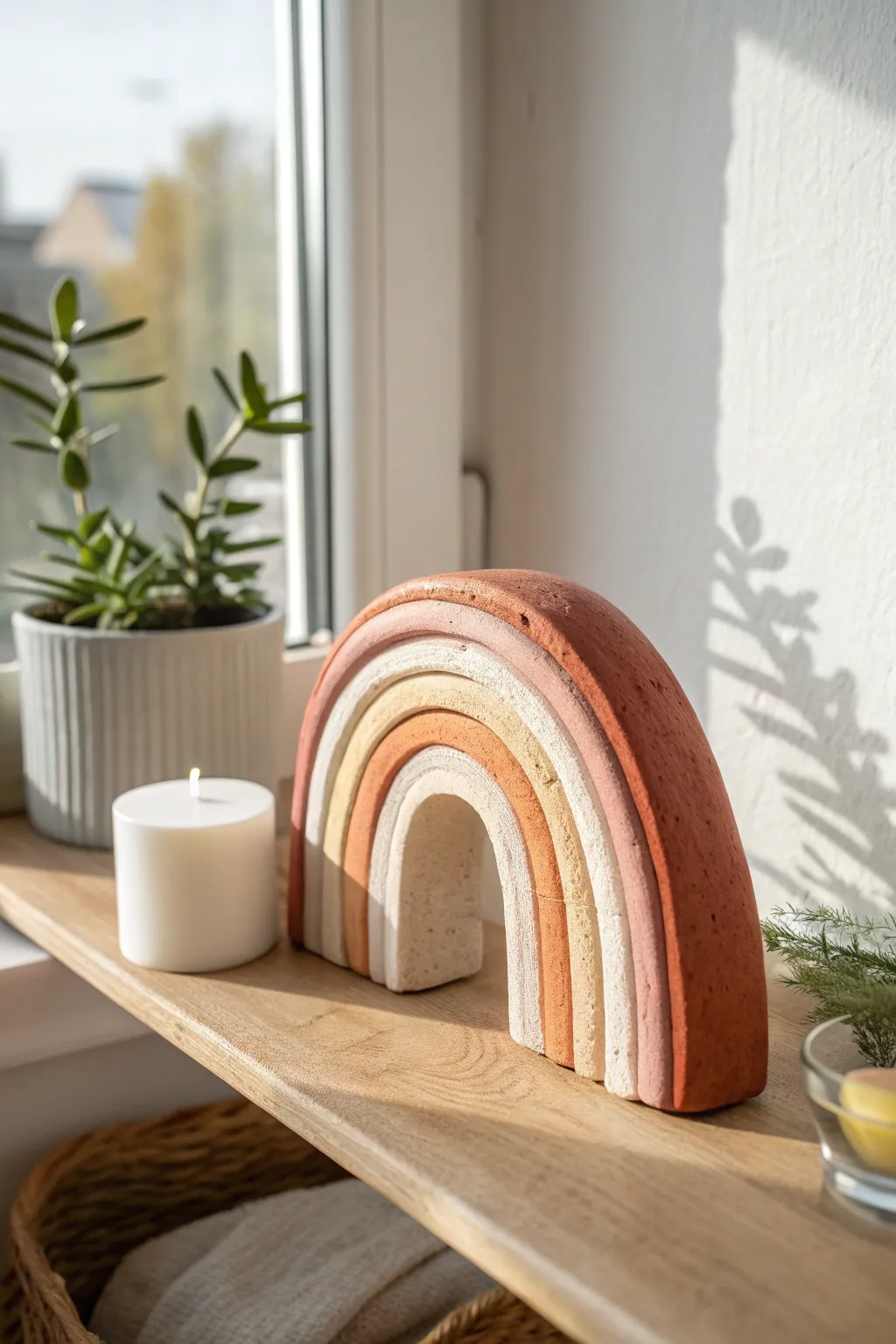 Chunky paper clay arch in warm neutrals, styled simply with candle and plant for scale