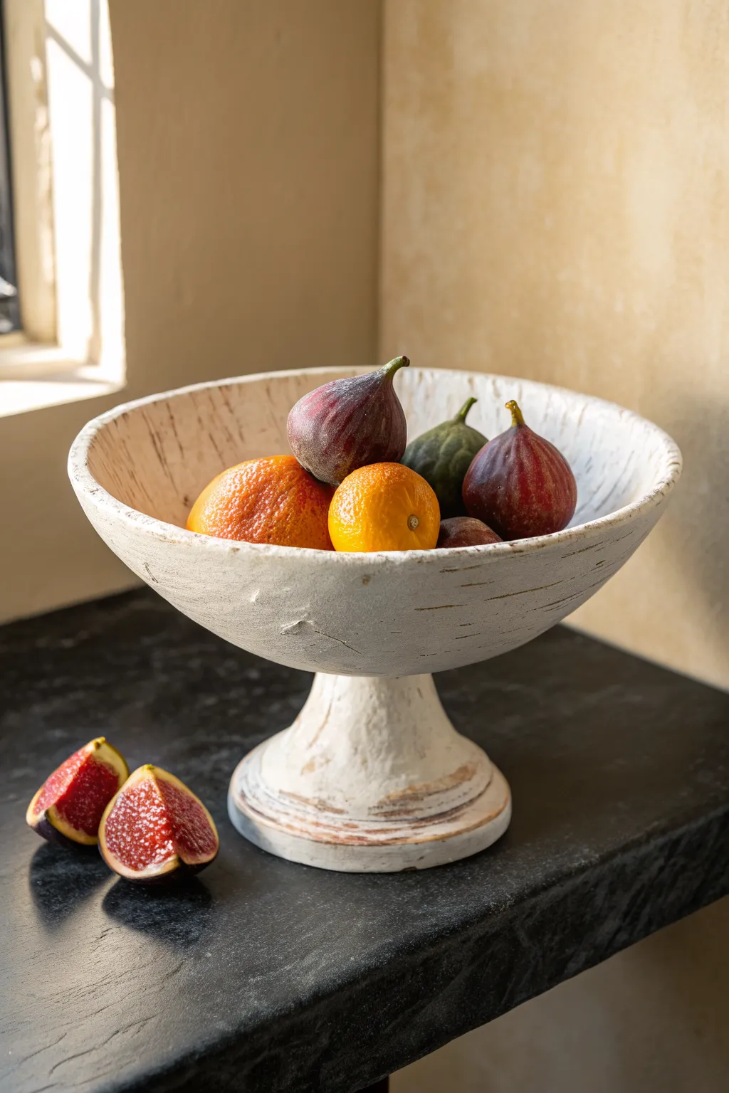 Warm white paper mache pedestal bowl with vibrant fruit for a cozy minimalist centerpiece