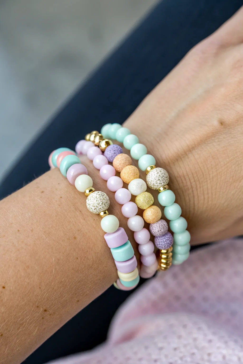 Preppy pastel stack of four clay bead bracelets in striped, ombre, confetti, and solid.