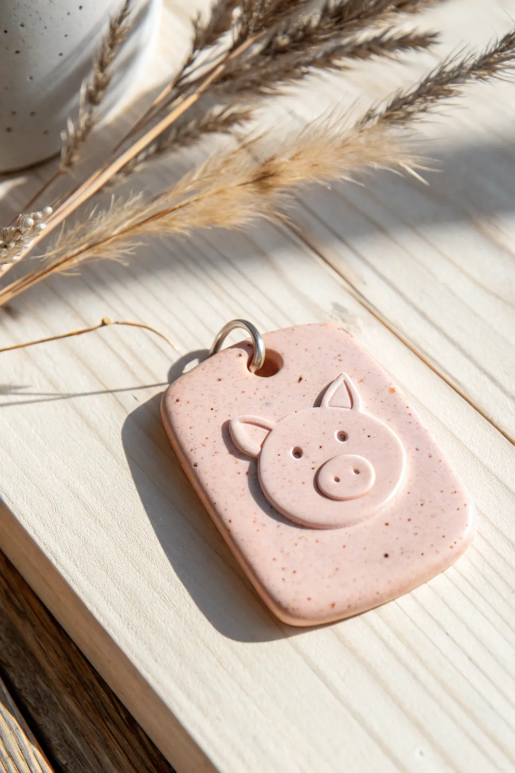 Sweet pig-face clay tag with keychain hole, minimalist boho style and bold blush color.