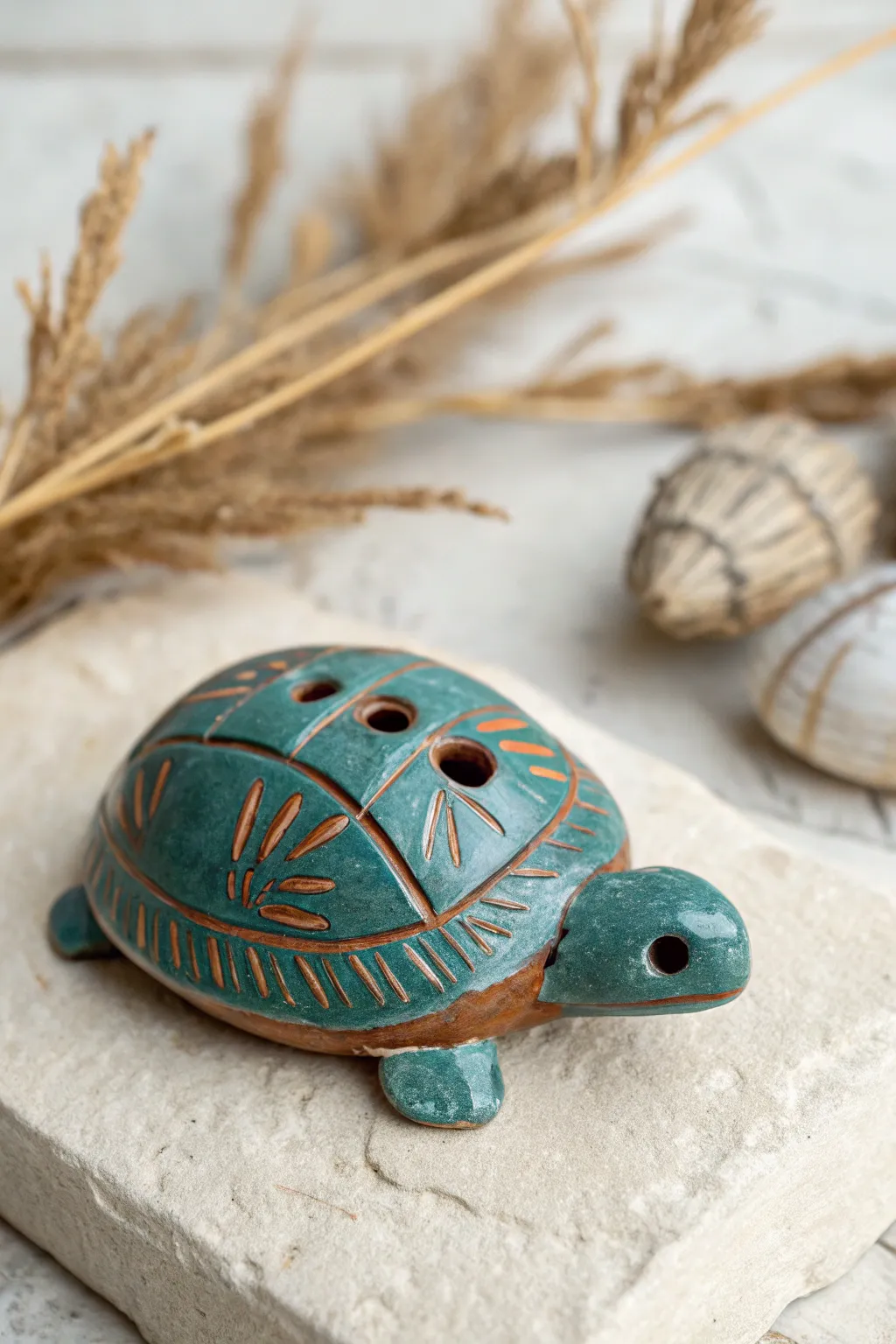 Dome-backed turtle whistle with a hidden window and bold glaze, minimal lines, big handmade charm