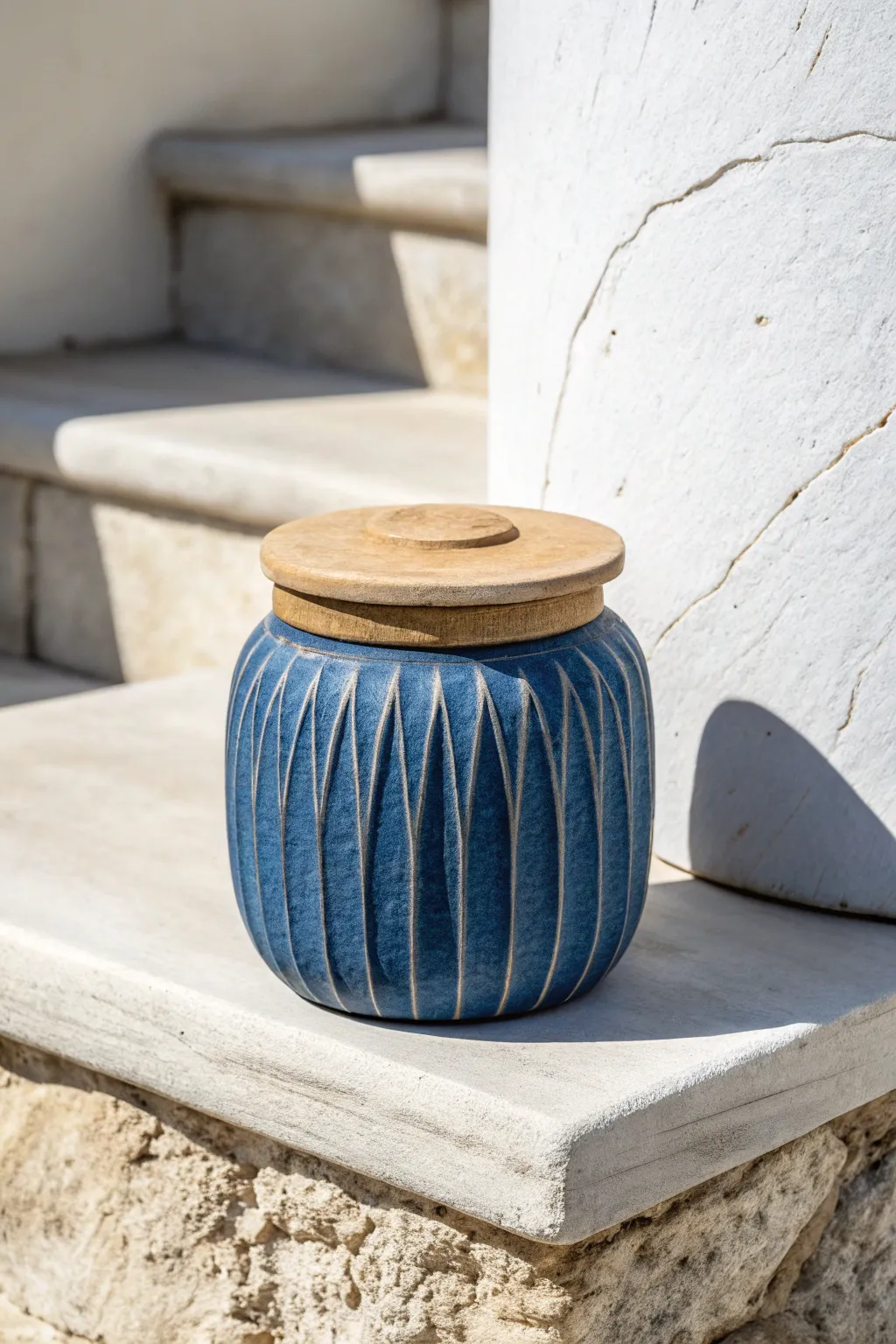 Modern fluted pinch pot jar with flat lid, bold color and crisp shadows for texture.