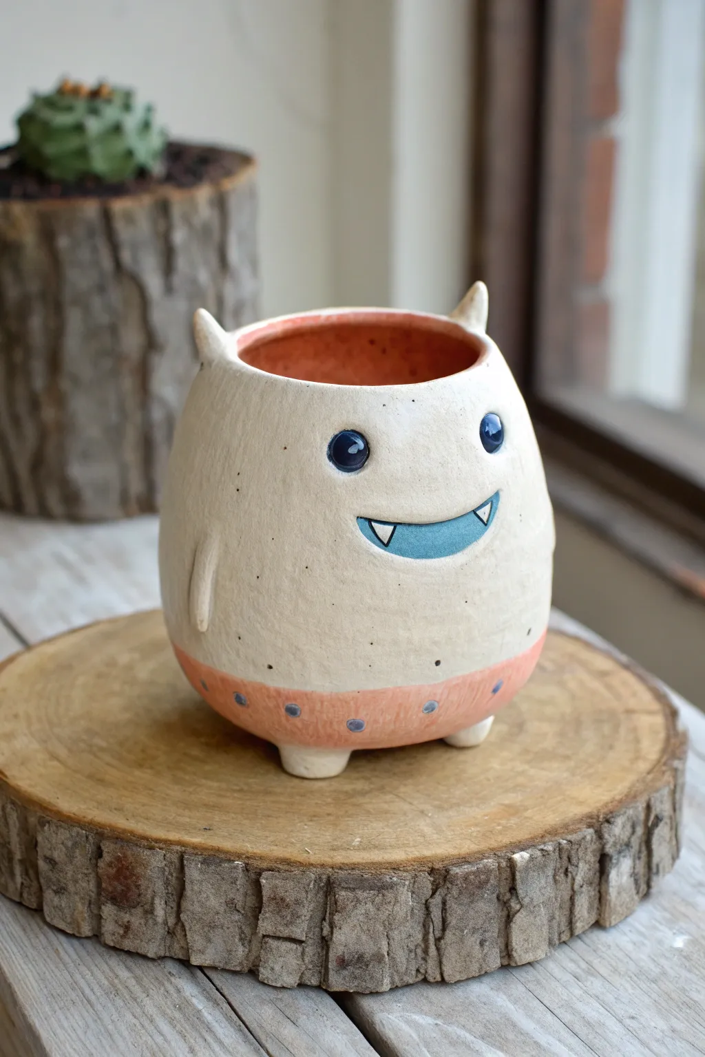 Two pinch pots, one round belly monster, sweet goofy grin in bold glaze for easy pottery fun