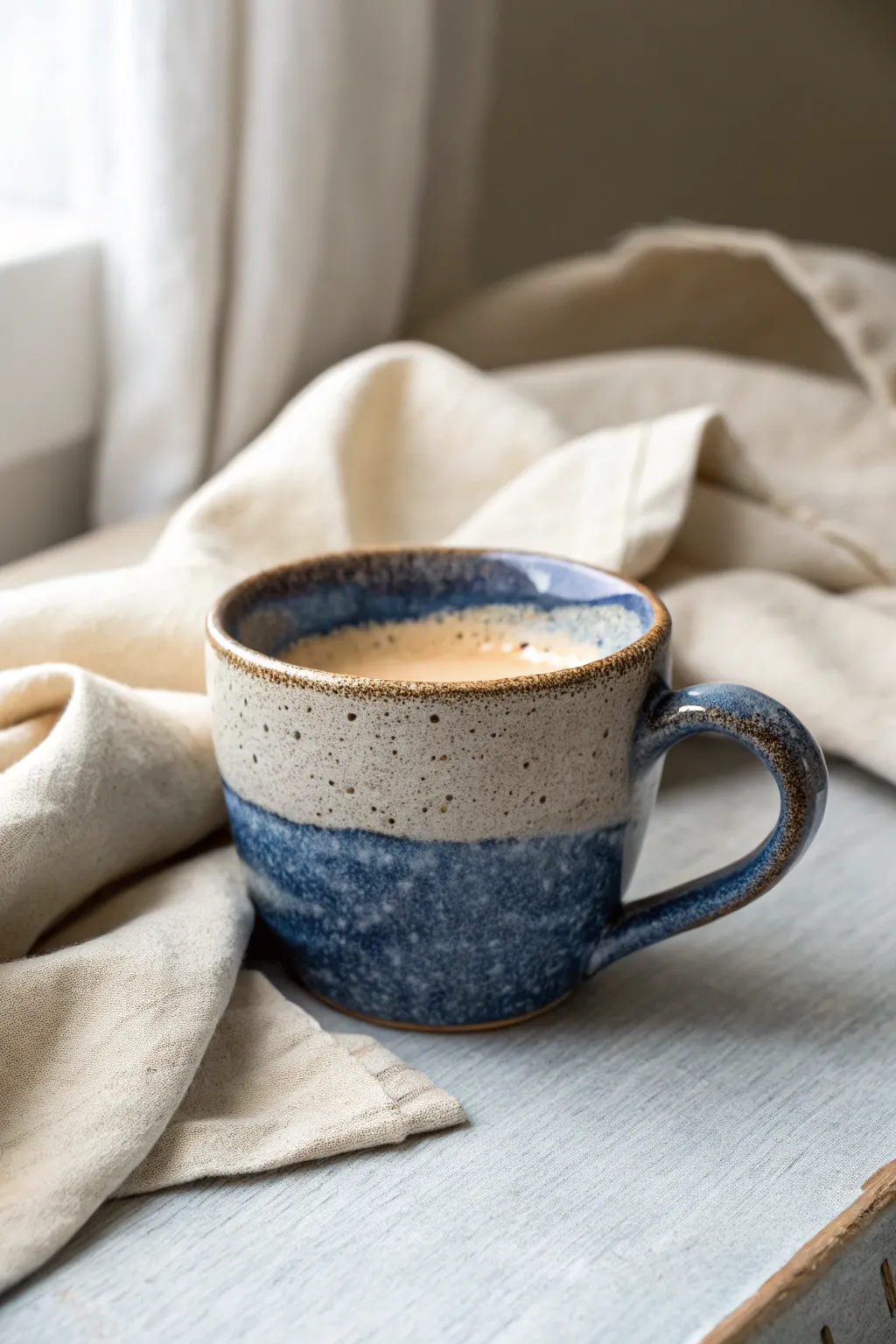Flared rim pinch pot latte mug with glossy cobalt glaze and creamy break for cozy sips