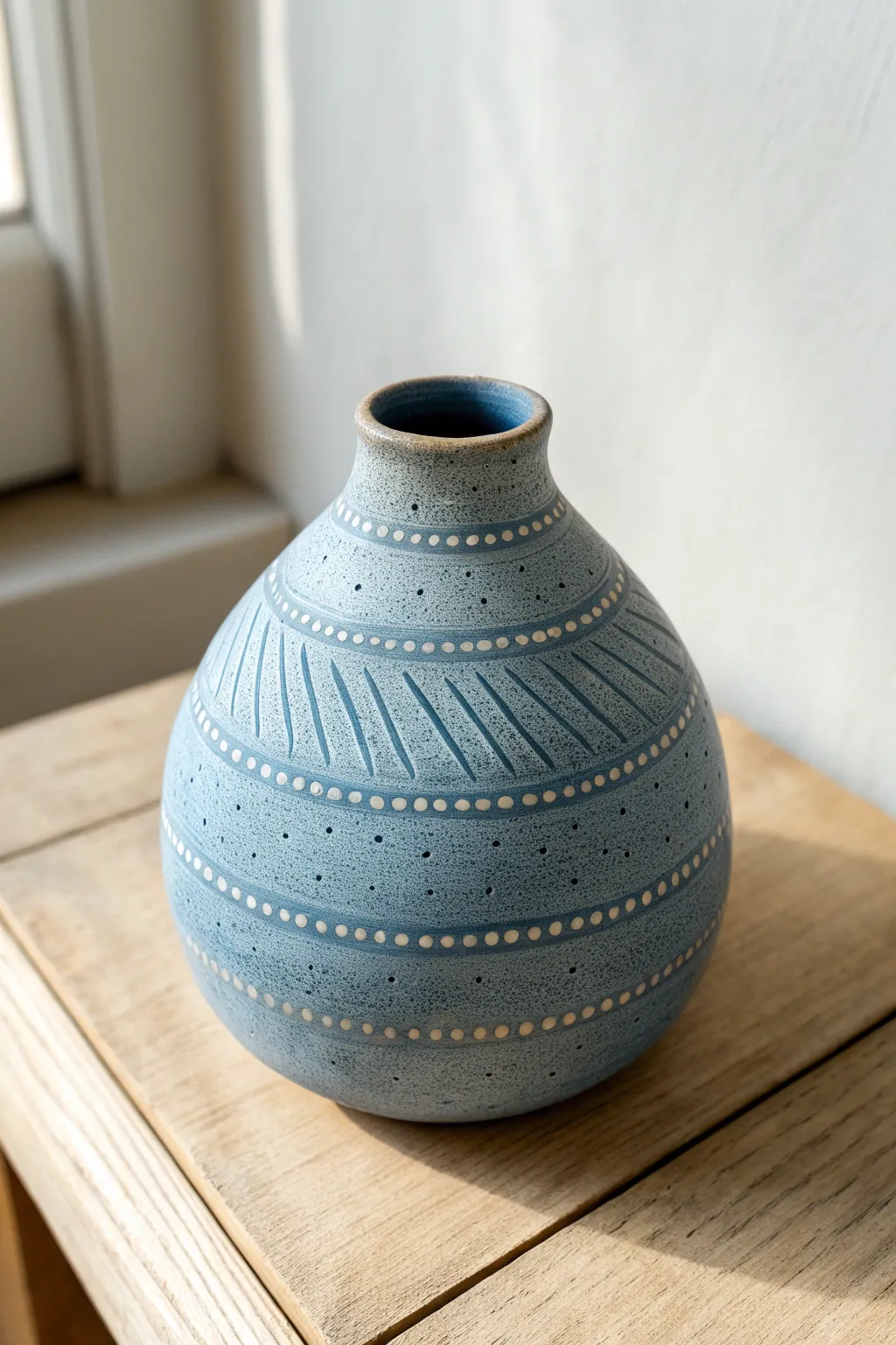Stamped texture pinch pot vase in bold indigo, minimalist styling that highlights handmade charm.