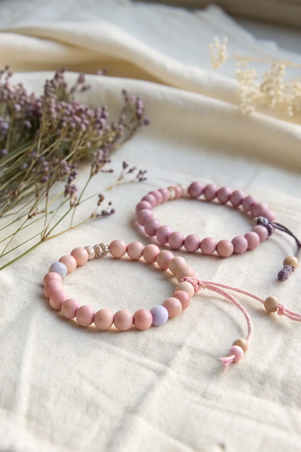 Blush pink and lavender clay bead bracelets on linen, minimalist Nordic style with boho softness
