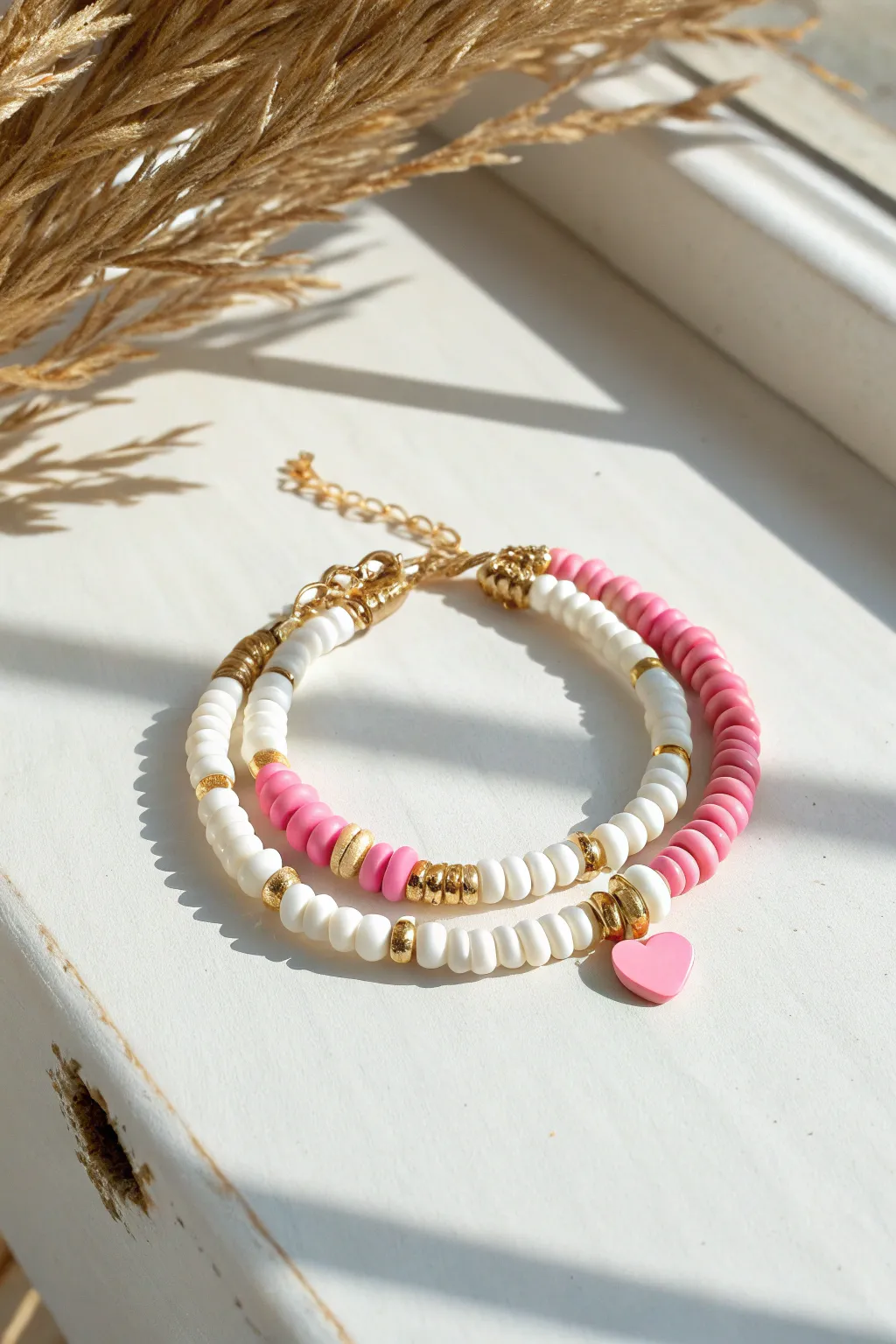 Pink heart focal charm with gold spacers gives this preppy heishi bracelet a luxe pop.