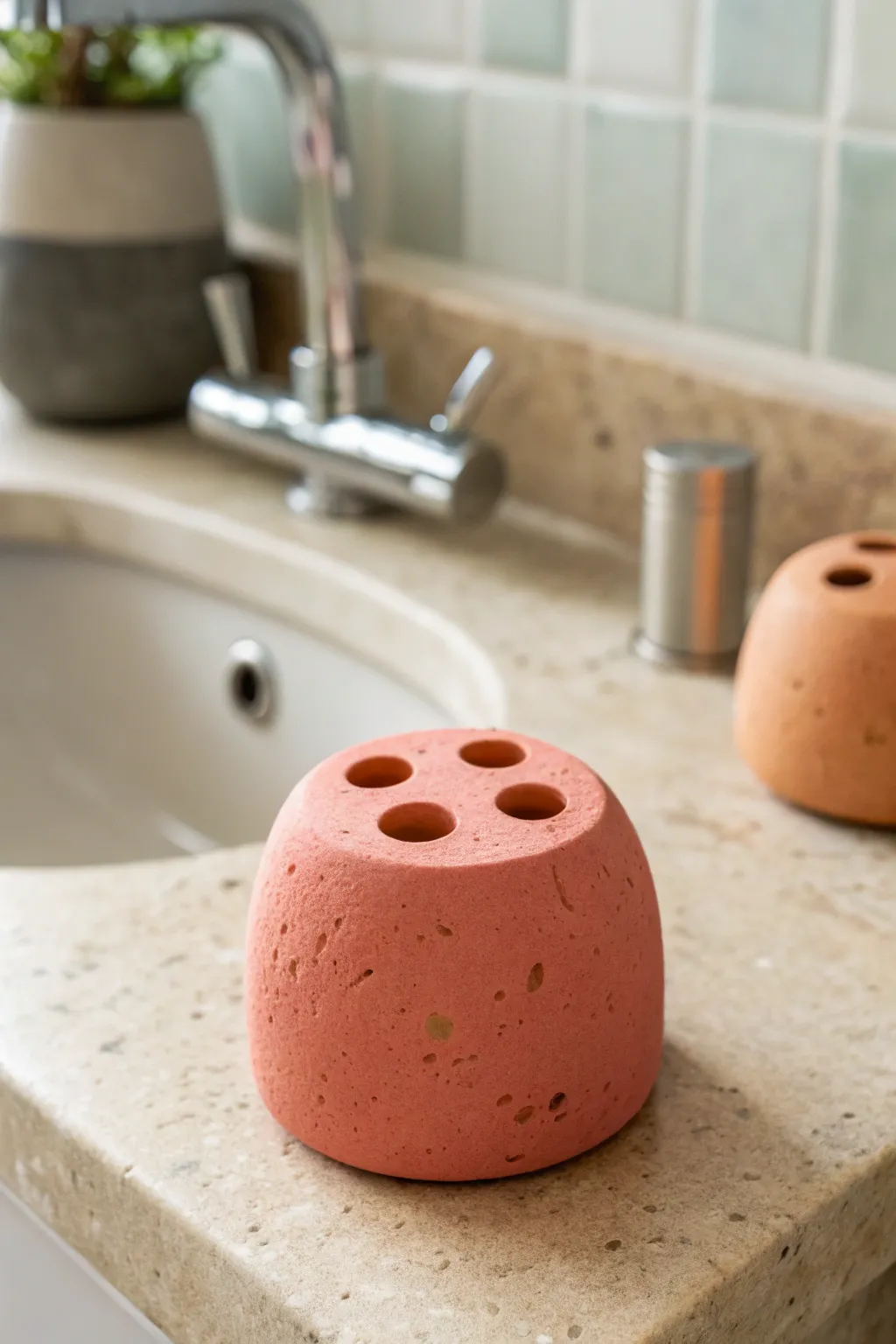 Playful plasticine blob toothbrush stand in bold color, minimal sink-side styling.