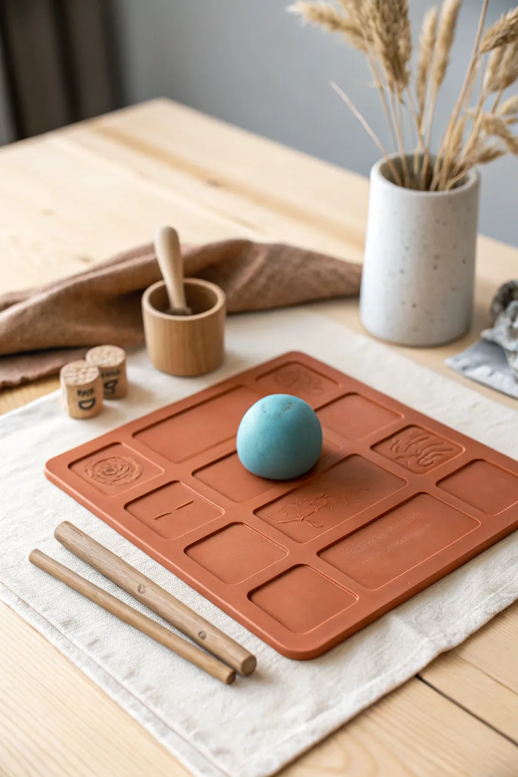 Minimalist playdough name mat center with tidy stamp tools, bold color contrast, calm learning vibe