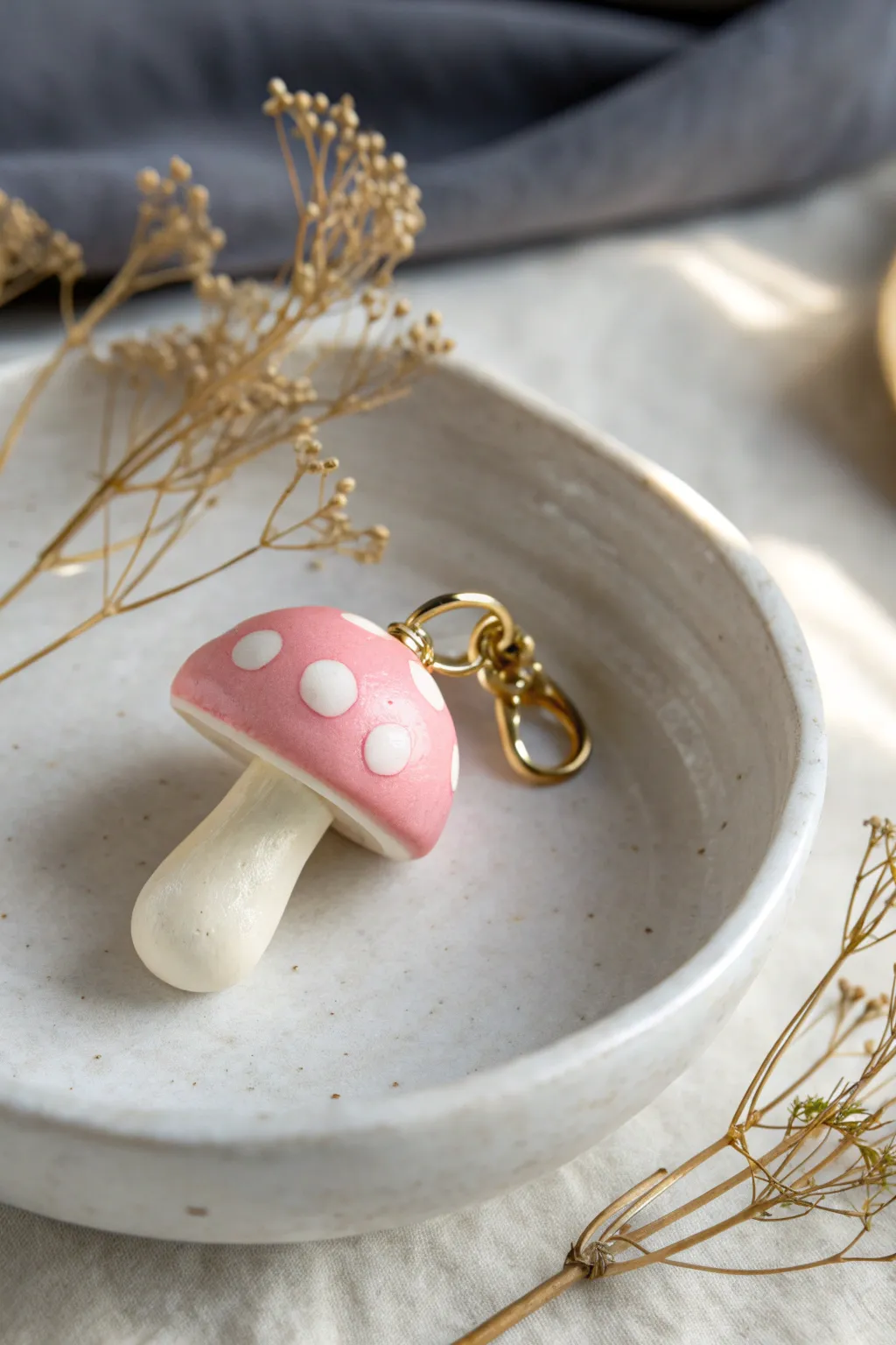 Tiny polymer clay mushroom charm in pastel tones, a sweet mini forest accent for your keys.