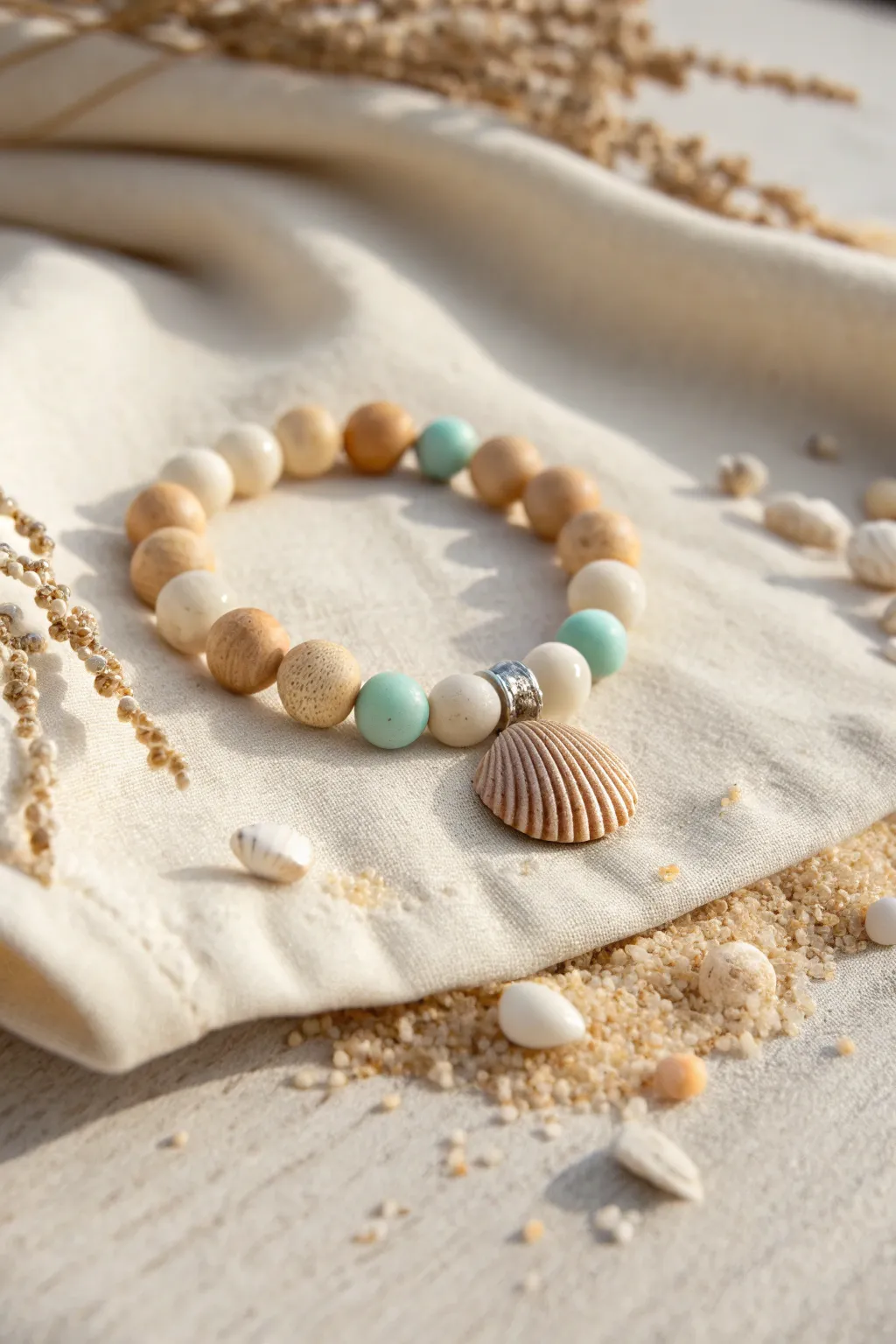 Beachy neutral polymer clay bead bracelet with a centered shell charm on airy linen.
