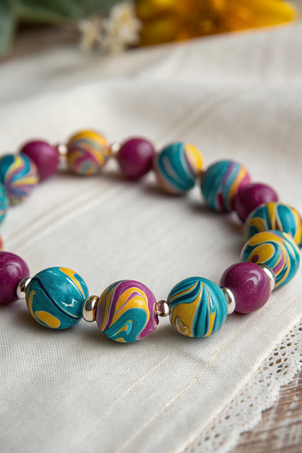 Psychedelic swirled marble polymer beads turned into a simple glossy bracelet with bold contrast.