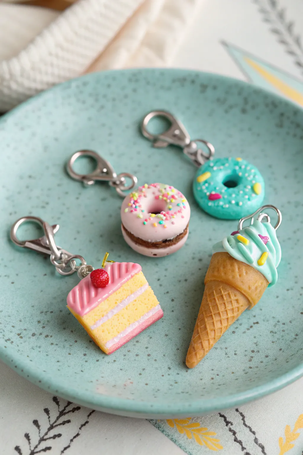 Sweet polymer clay birthday treat charm set: cake, donut and ice cream in bold pastel hues.
