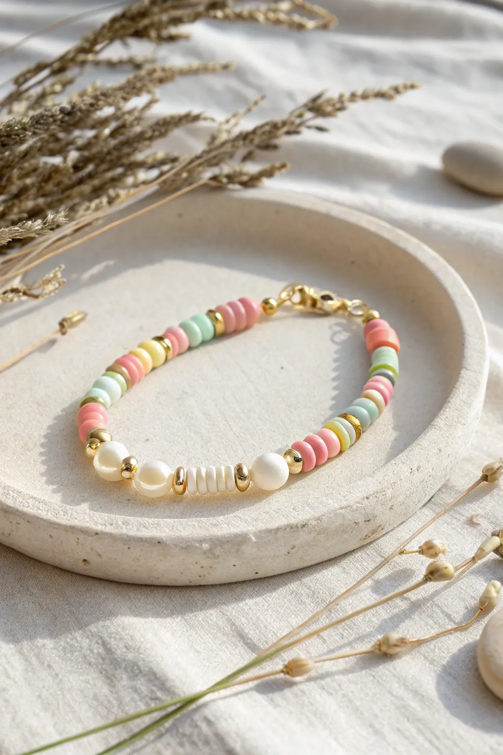 Pearl accents meet pastel polymer clay heishi beads for a soft, beachy bracelet look