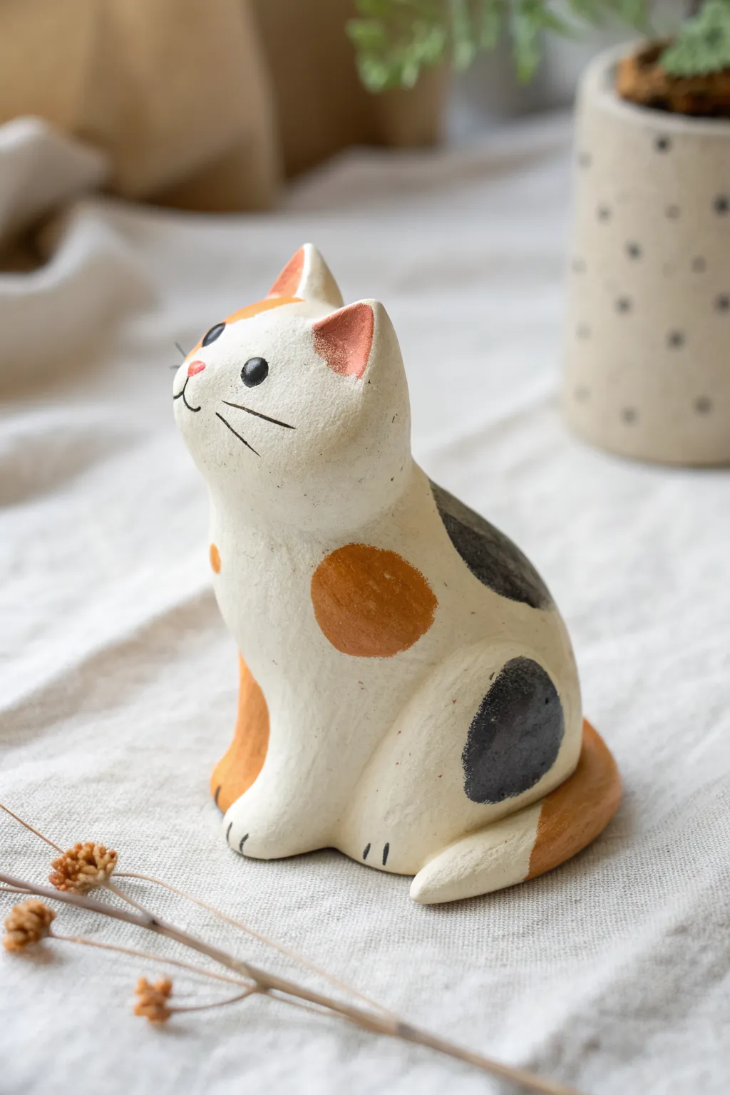 Simple polymer clay calico cat with bold patchwork spots in warm, cozy minimalist style