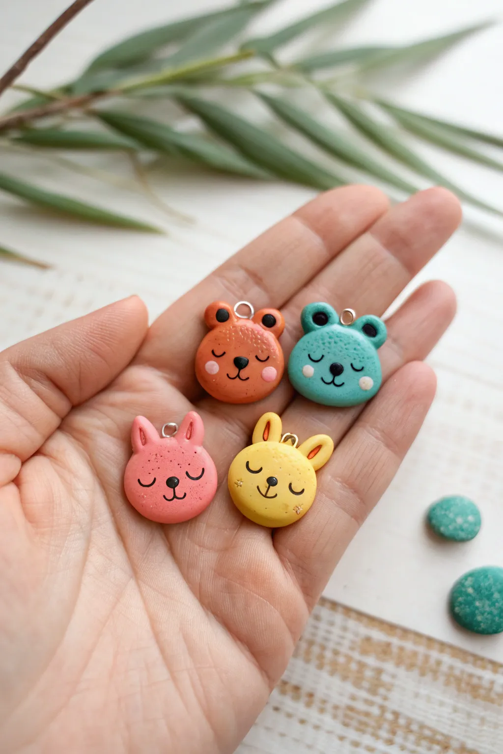 Beginner friendly mini animal face polymer clay charms, cute trio in your hand for inspiration.