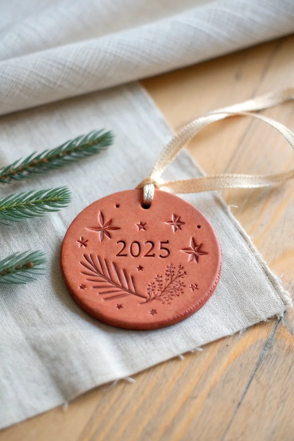 Stamped year polymer clay keepsake ornament in bold color, minimal Scandi-boho Christmas decor