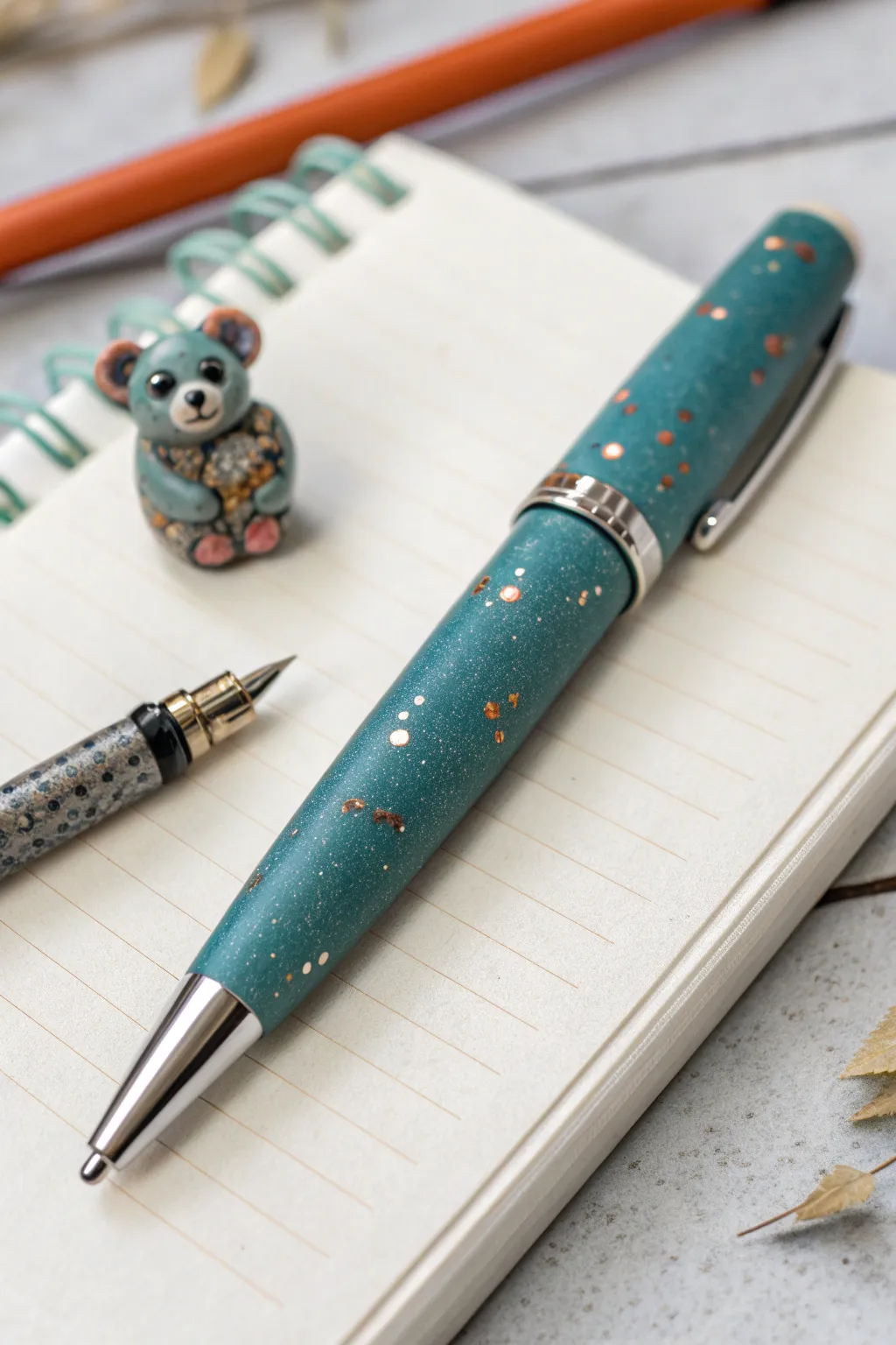 Polymer clay pen with a tiny koala hugger, minimalist desk scene with a bold color pop