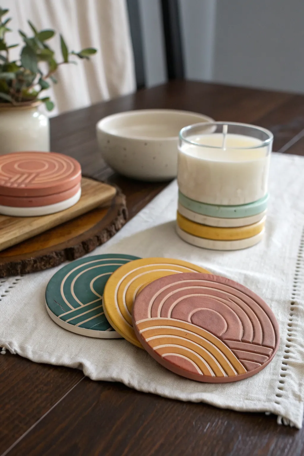 Mix and match arch and half moon polymer clay coasters styled with candlelight and a drink.