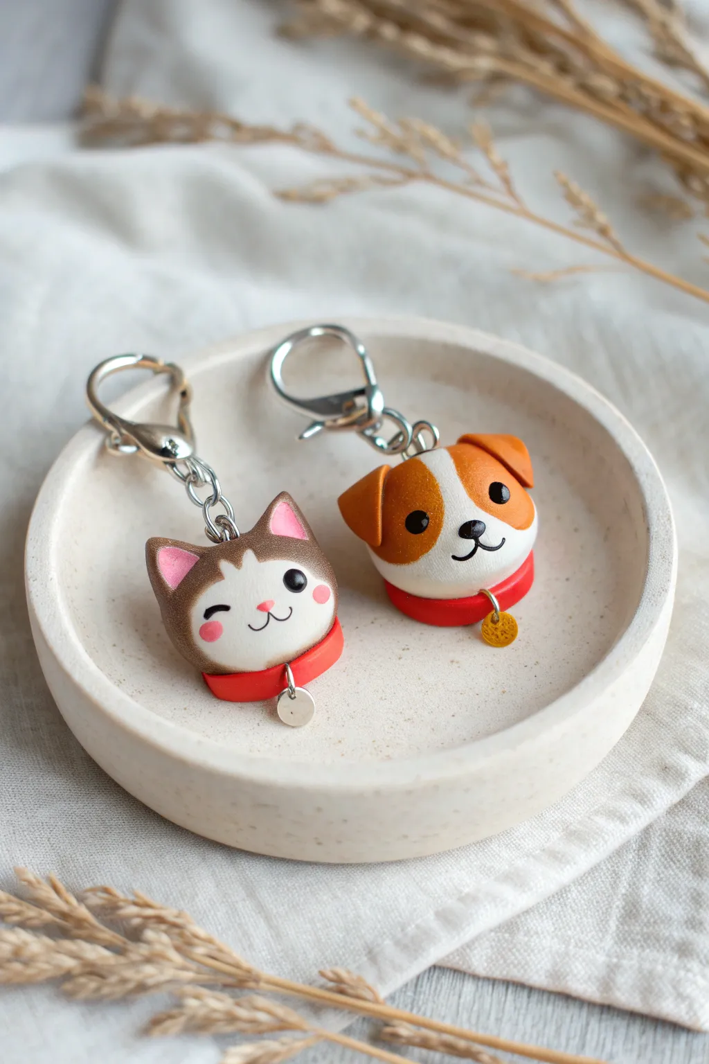 Sweet matching pet look-alike charms for a cozy date night craft, ready to clip on keys.