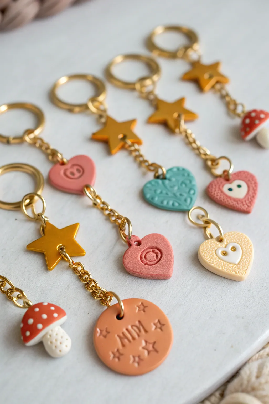 Mini polymer clay charm keychains in a clean grid, bold colors and simple boho-minimal shapes