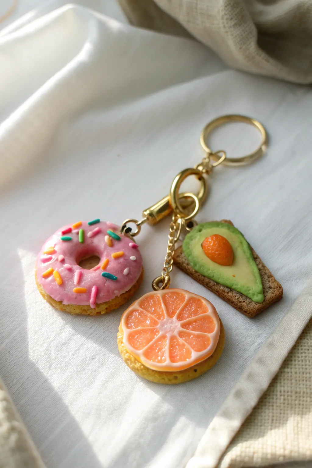 Playful polymer clay mini food charms on a sleek keyring, bold color pops on linen.