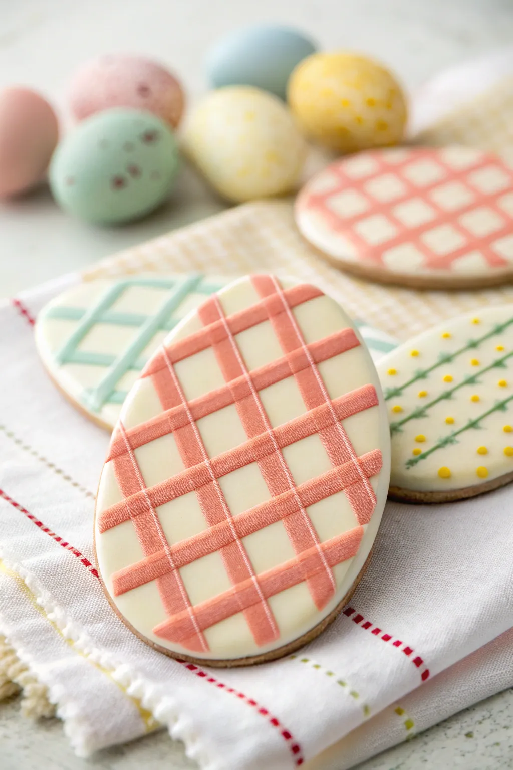 Pastel gingham polymer clay egg slices, one hero piece in focus for chic minimalist Easter decor.