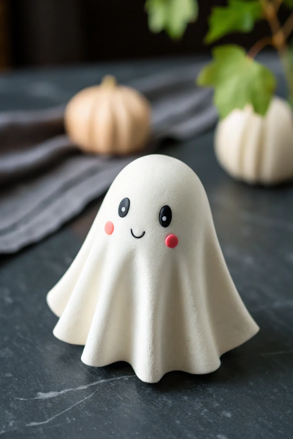 Kawaii polymer clay ghost with rosy blush, minimalist dark backdrop, sweet and spooky-cute.