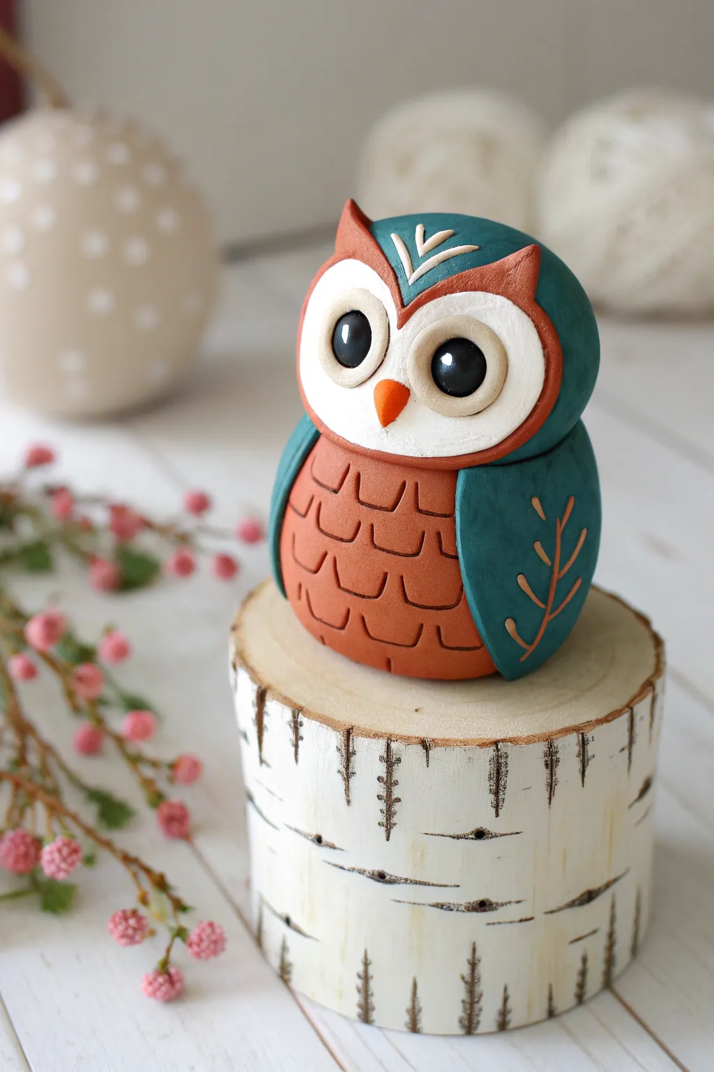 Wide-eyed polymer clay owl on a stump base, Scandinavian minimal with a boho color pop