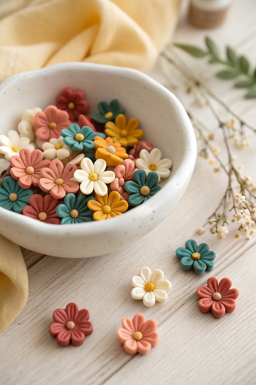 Tiny polymer clay wildflower set in bold hues, styled on a minimalist tray for endless projects