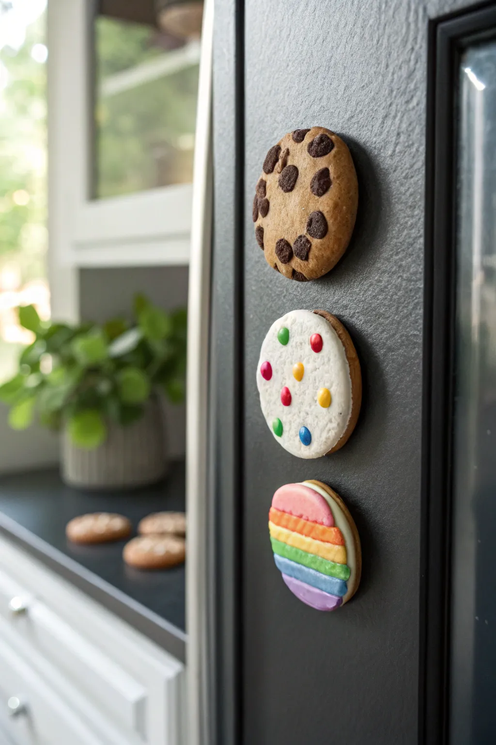 Cookie-inspired polymer clay fridge magnets with cozy texture, bold sprinkles, and minimalist Nordic vibes
